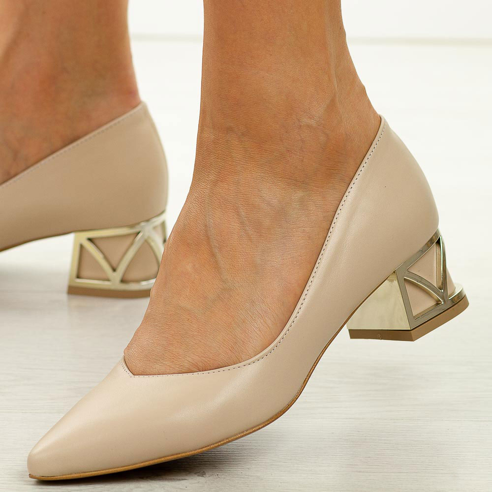 Beżowe s128 skórzane Polskie czółenka damskie na obcasie Prestige 2230