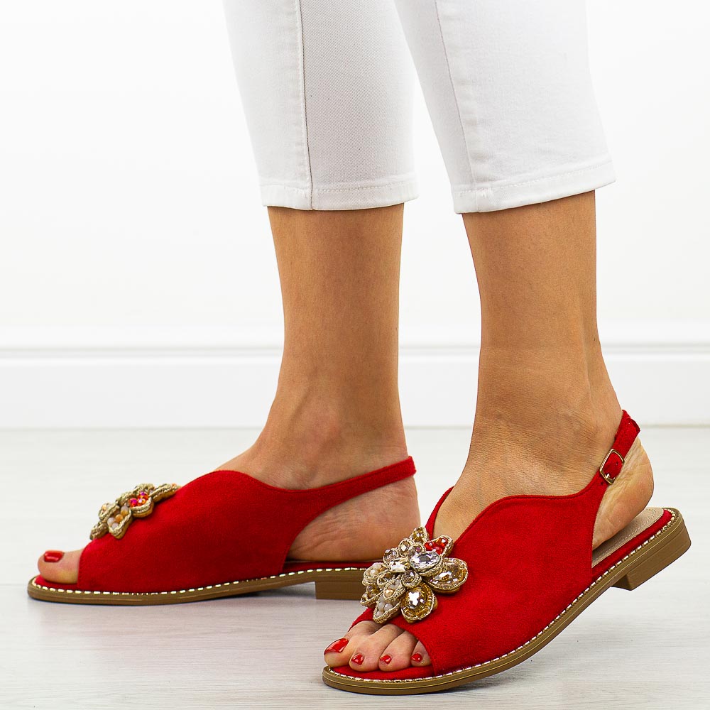 Czerwone płaskie sandały damskie S.Barski 001