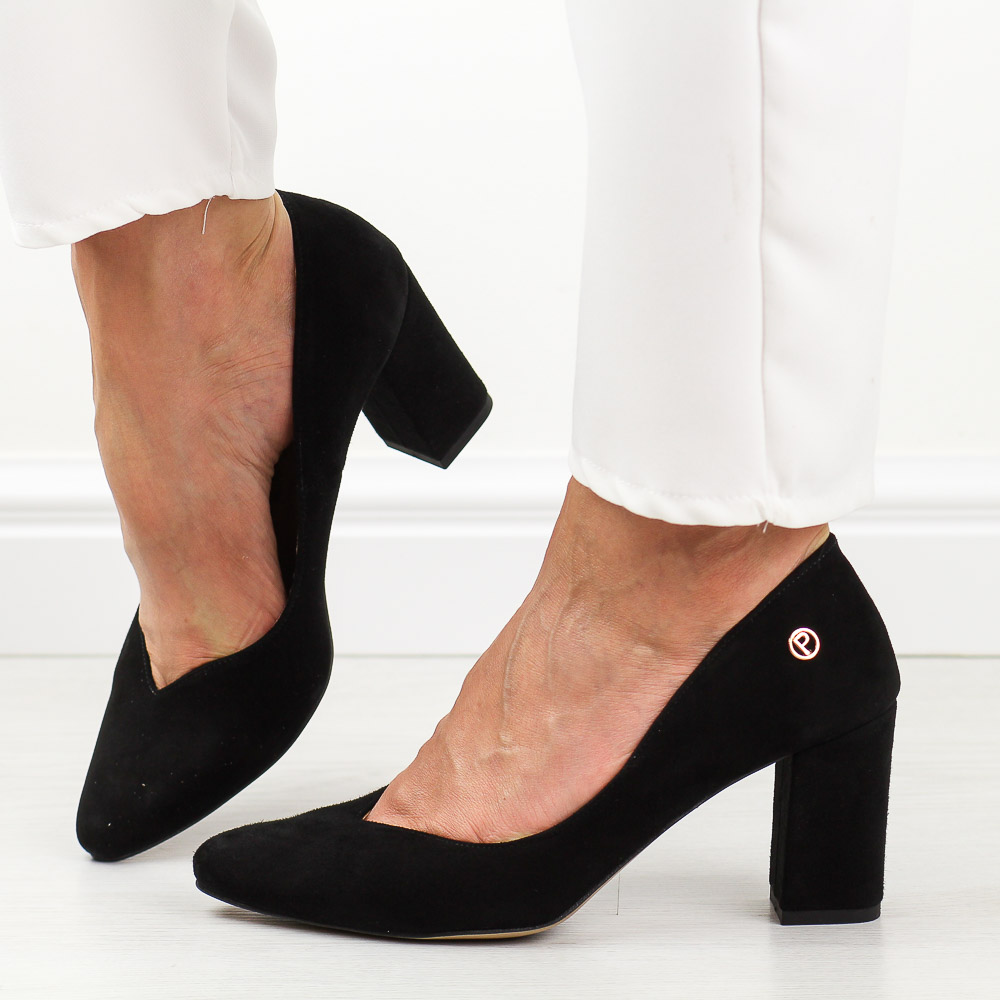 Czarne Polskie czółenka damskie na słupku Prestige 2040 Skóra Zamsz