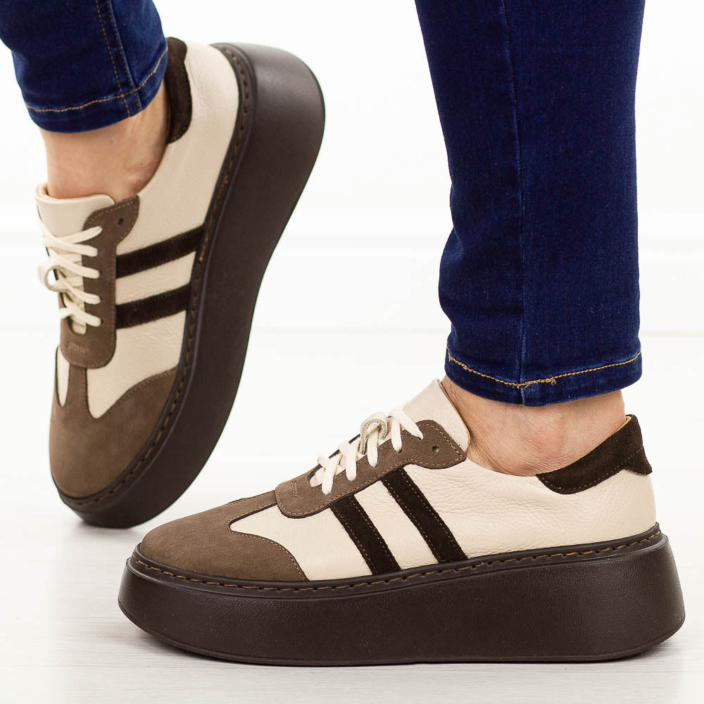 Beżowe skórzane sneakersy damskie Deoni D632