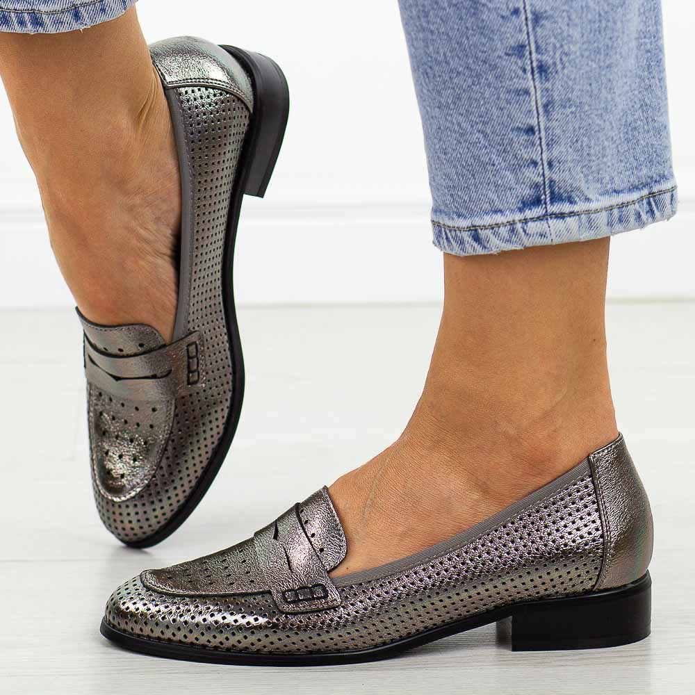 Pewter ażurowe mokasyny damskie Potocki 12581