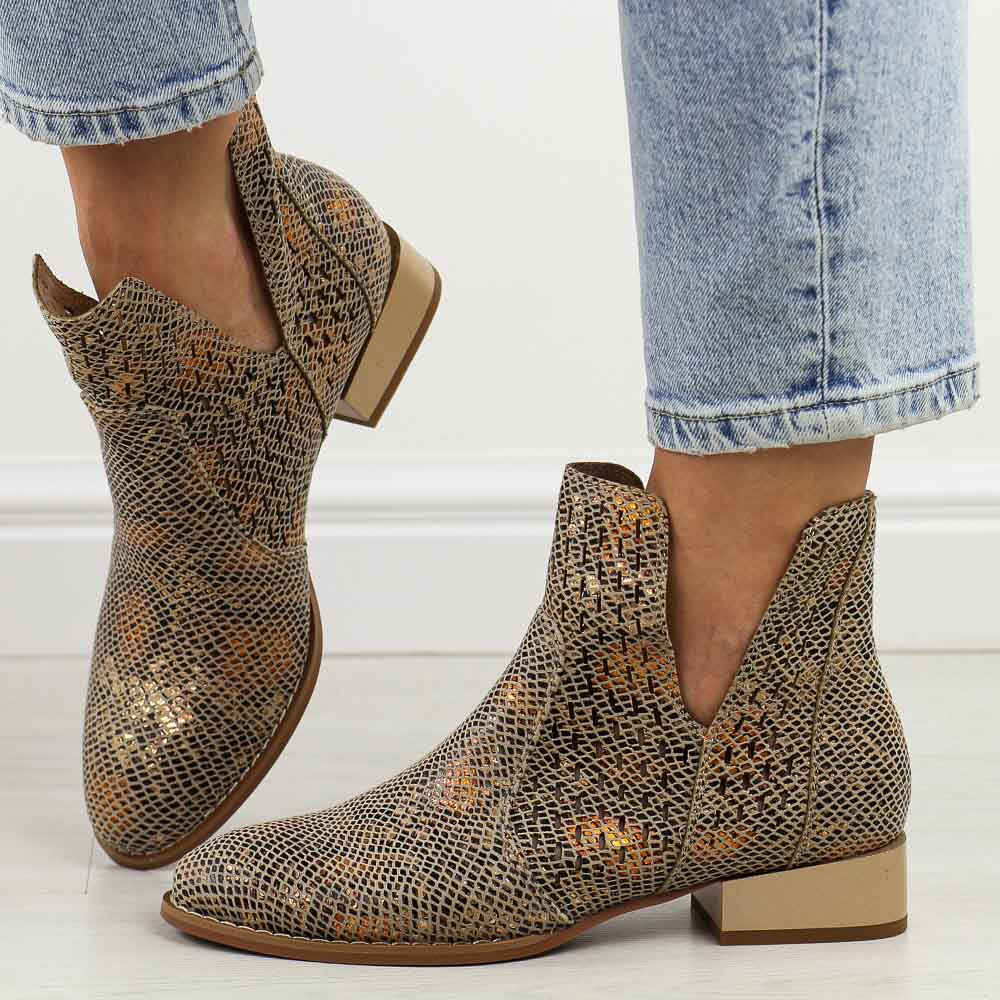 Złote wąż jesienne botki damskie na obcasie M.Daszyński Sa197-28