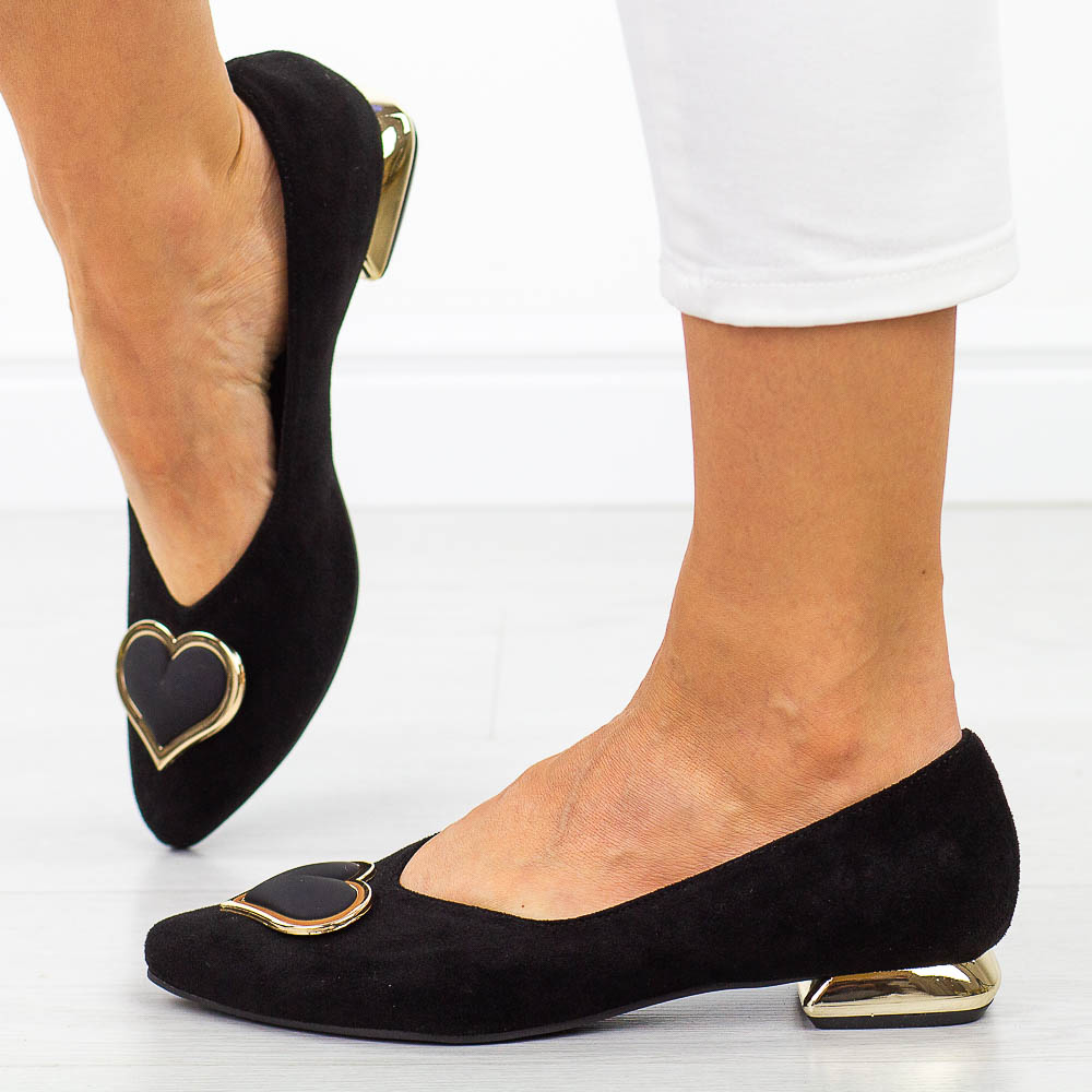 Czarne Polskie baleriny damskie na obcasie Deoni D221