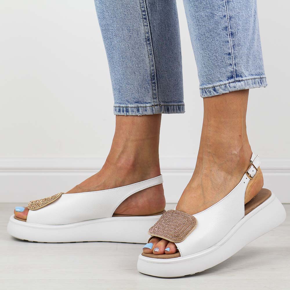 Biało złote skórzane Polskie sandały damskie na platformie Deoni D107a