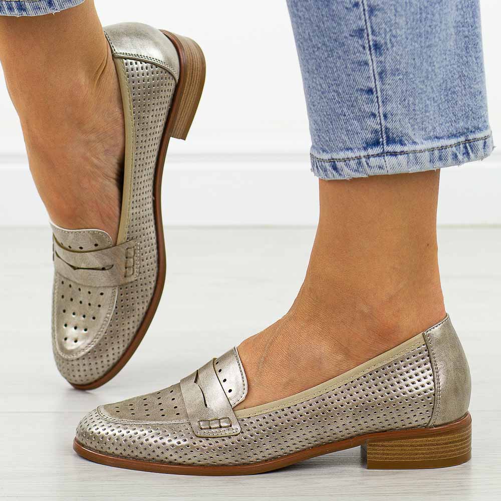 Złote ażurowe mokasyny damskie Potocki 12581