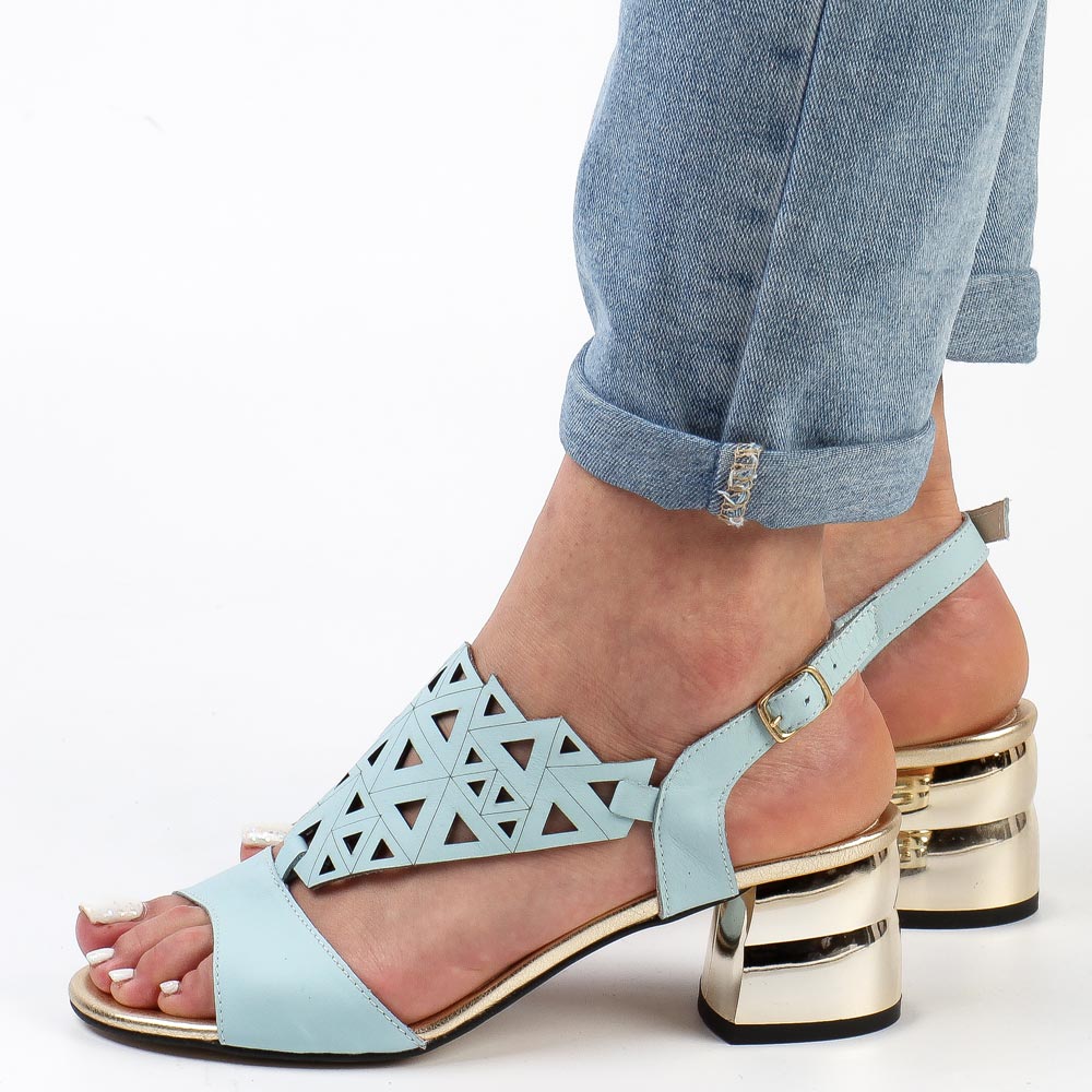 Niebieskie skórzane Polskie sandały damskie na obcasie Suzana 3010f