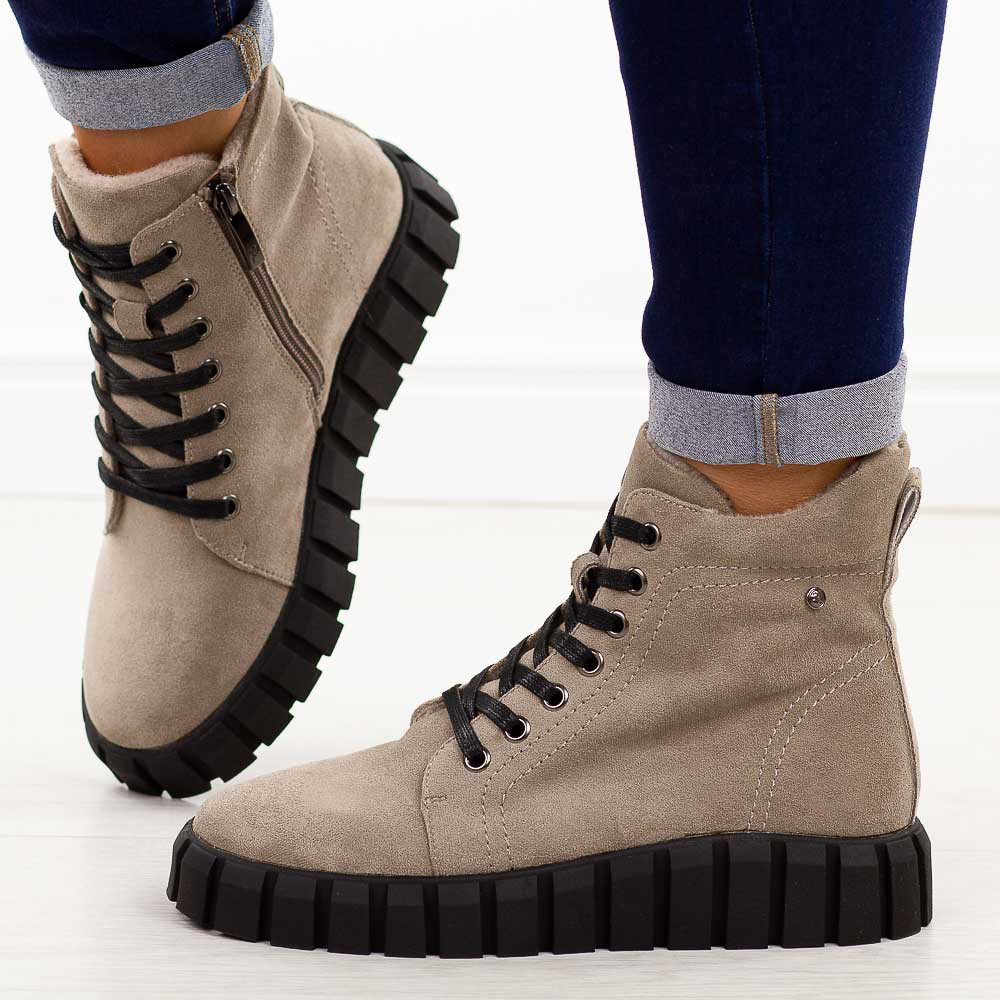 Khaki zamszowe botki damskie na traperze Potocki 19316