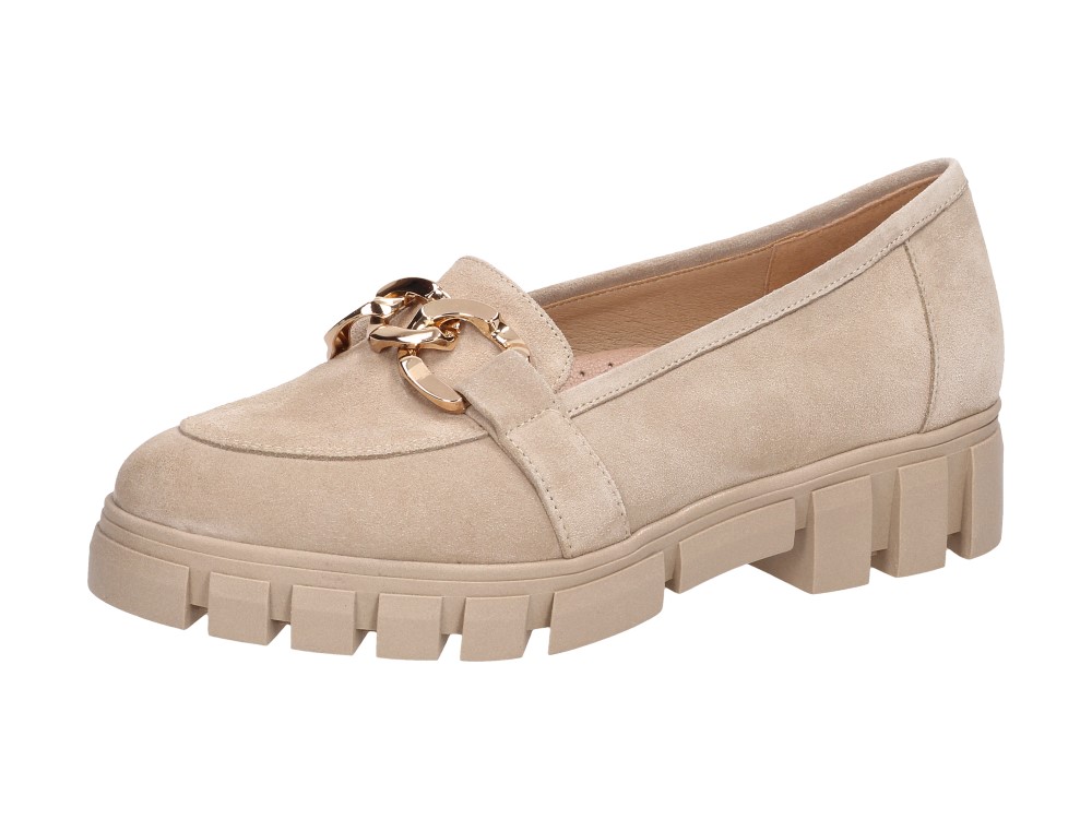 Beżowe skórzane Polskie mokasyny damskie, półbuty na traperze ze złotym łańcuchem Deoni P160