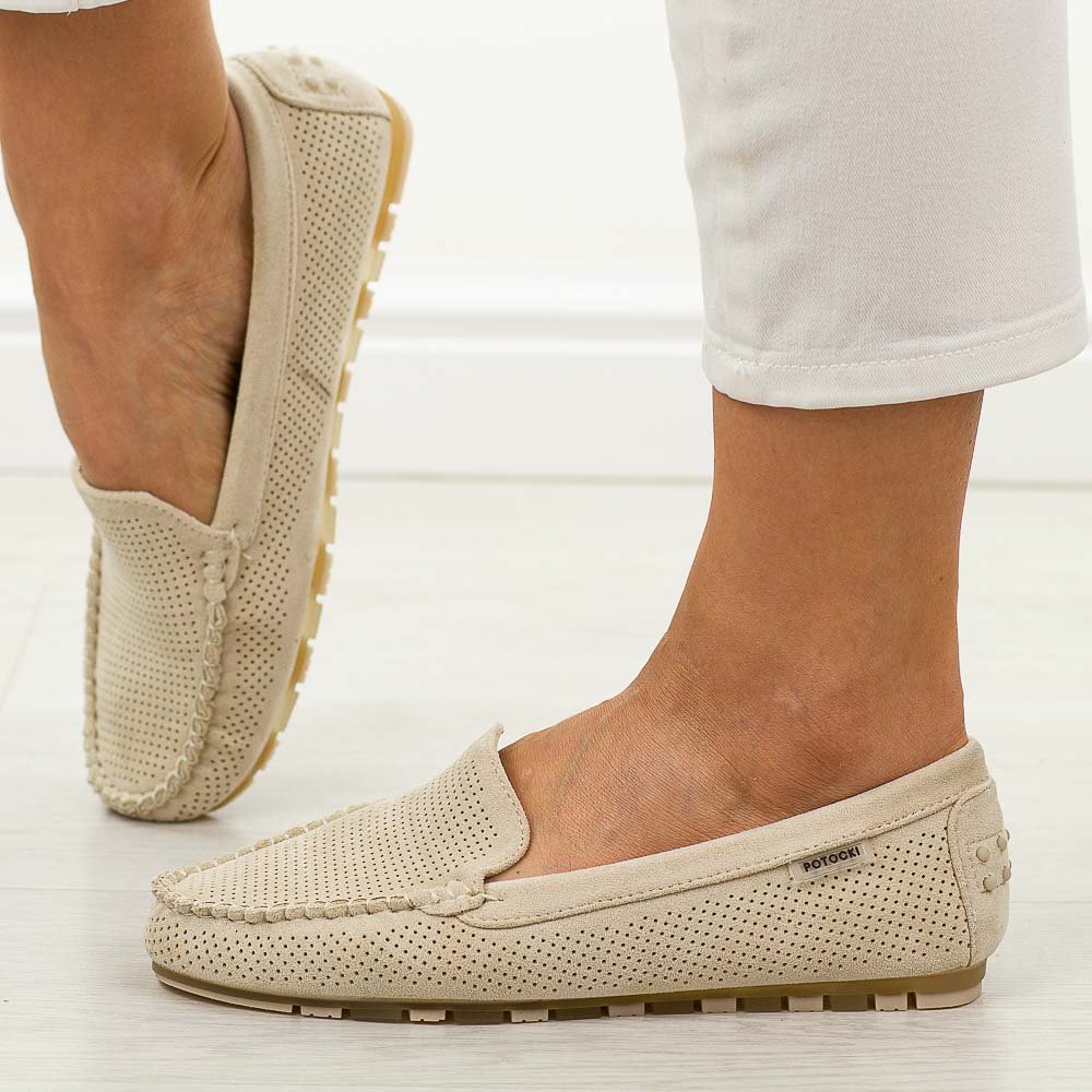 Beżowe ażurowe zamszowe mokasyny damskie Potocki 09301