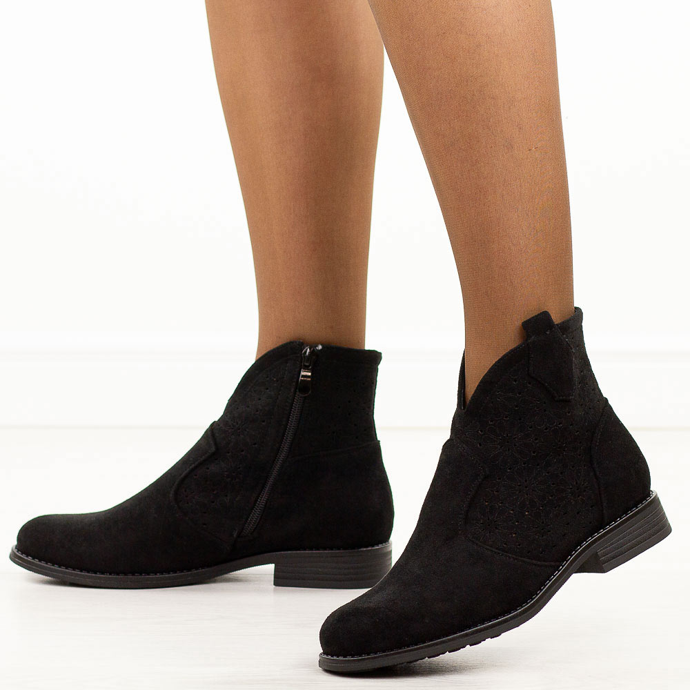 Czarne jesienne zamszowe ażurowe botki damskie S.Barski 52-532