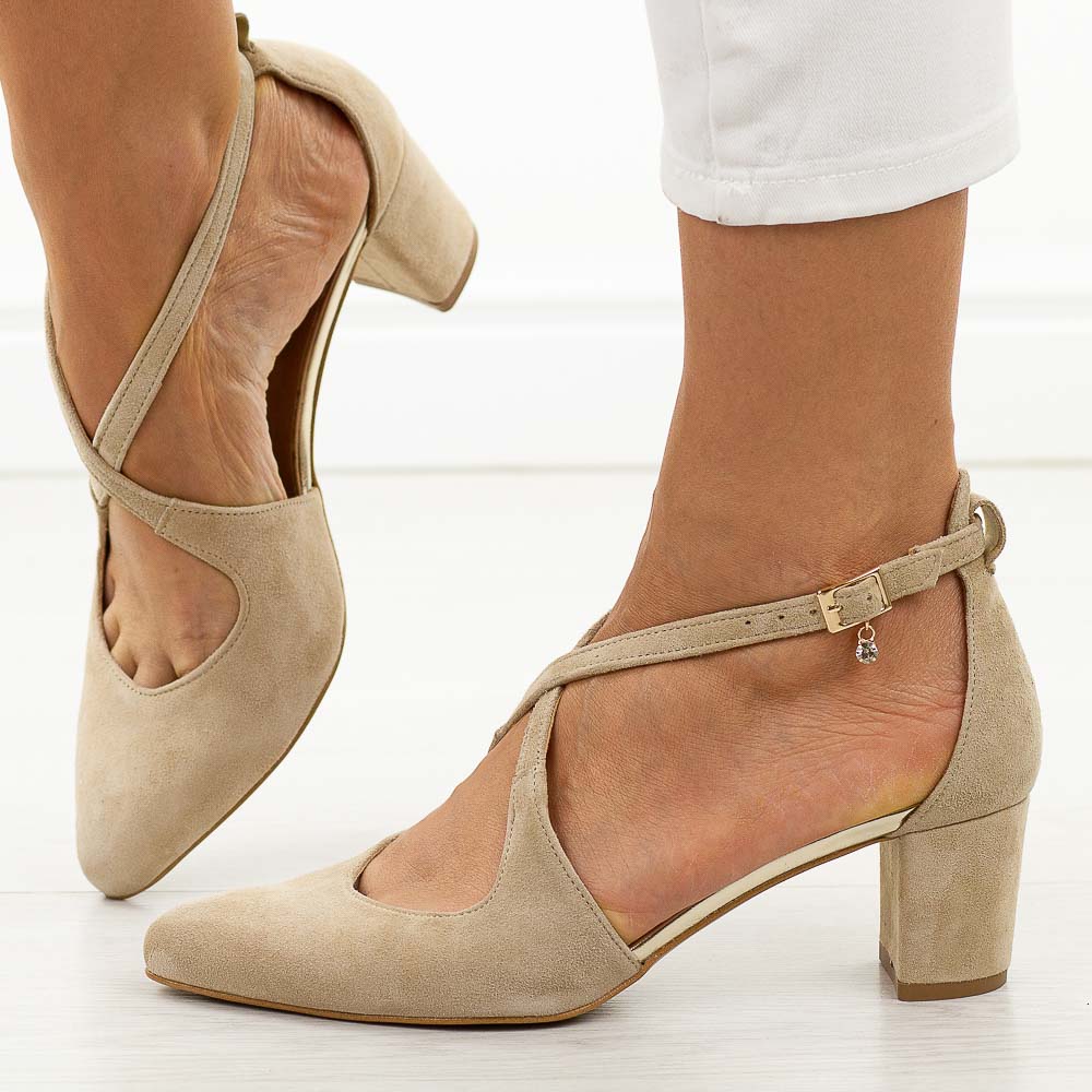 Beżowe zamszowe skórzane czółenka damskie na słupku Prestige 2222