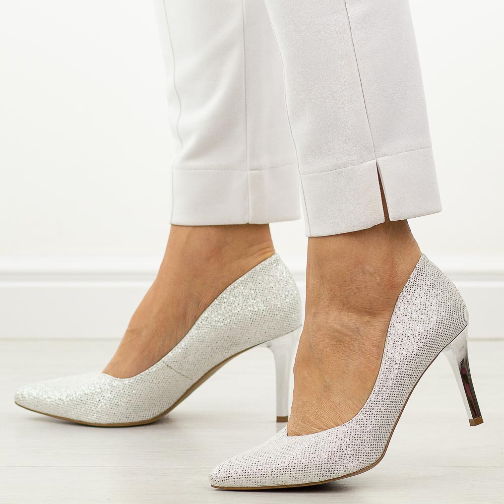 Srebrne Polskie szpilki damskie Prestige 2106 Skóra Brokat