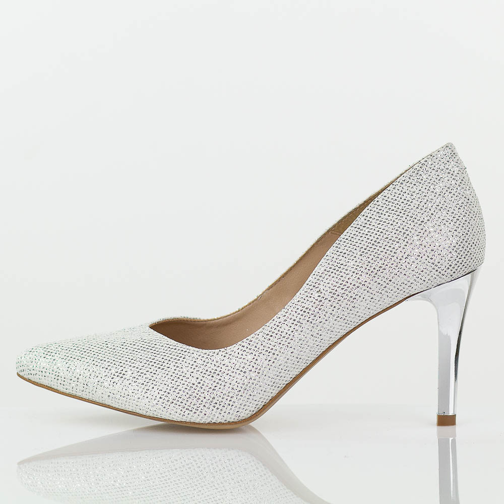 Srebrne Polskie szpilki damskie Prestige 2106 Skóra Brokat