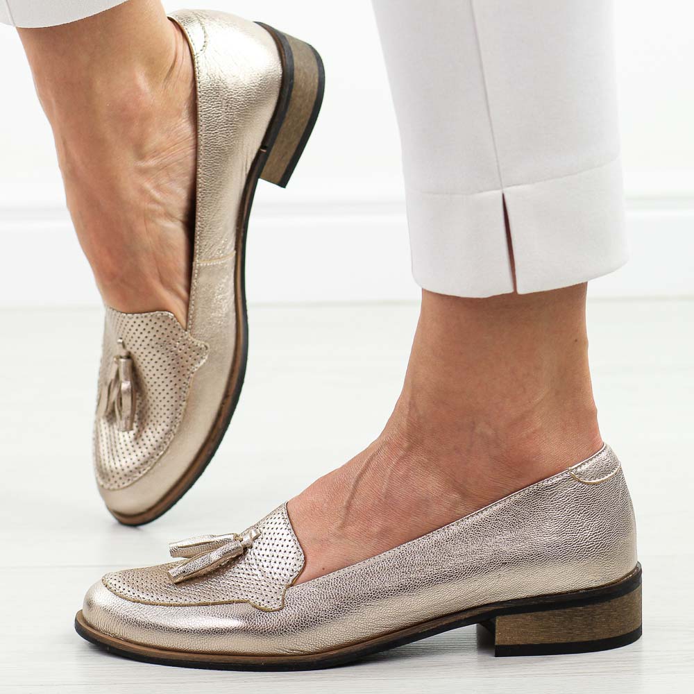 Złote skórzane Polskie mokasyny damskie Deoni D163A