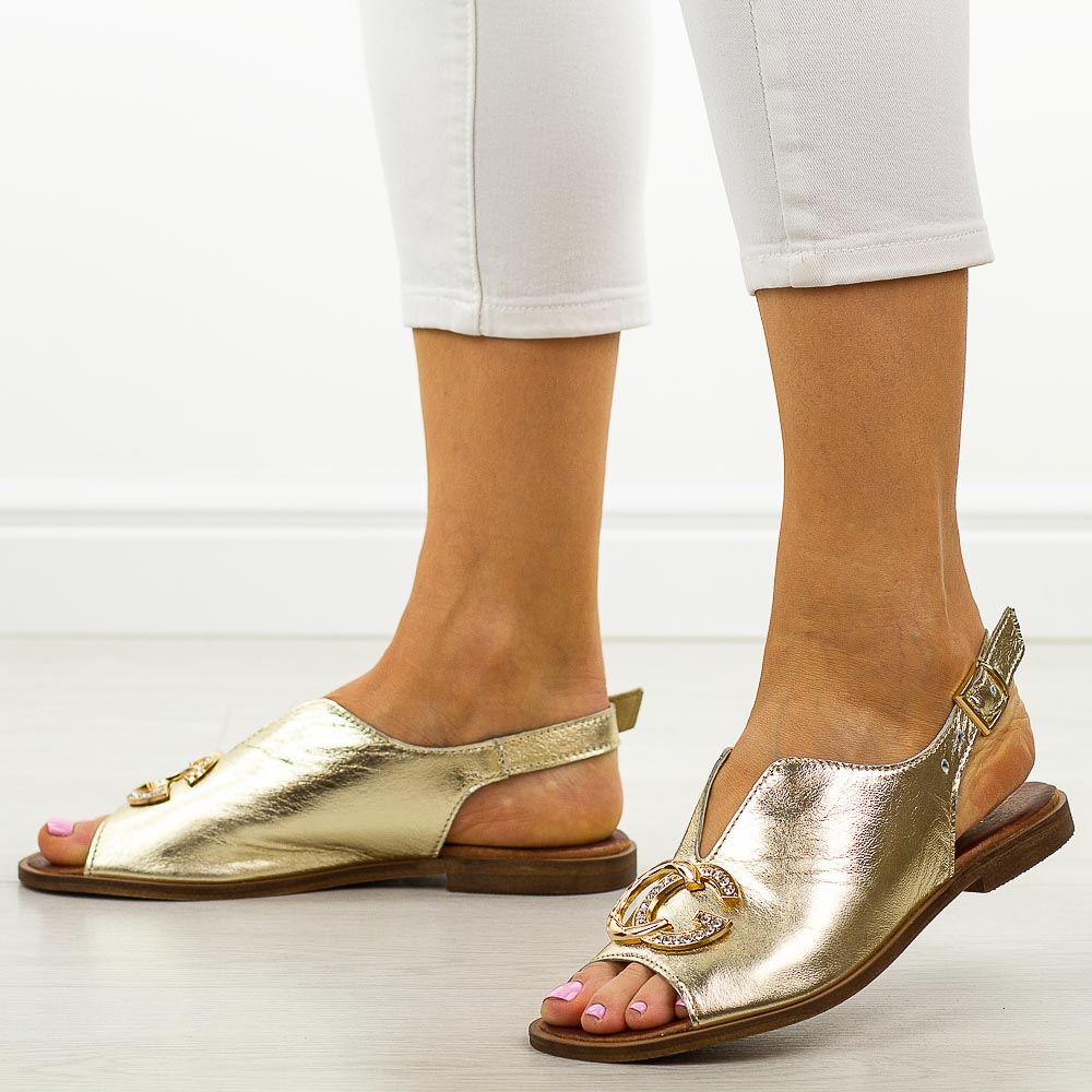 Złote skórzane Polskie sandały damskie Deoni D531