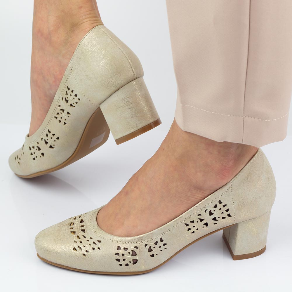 Złote czółenka damskie na obcasie M.Daszyński Sa212-2