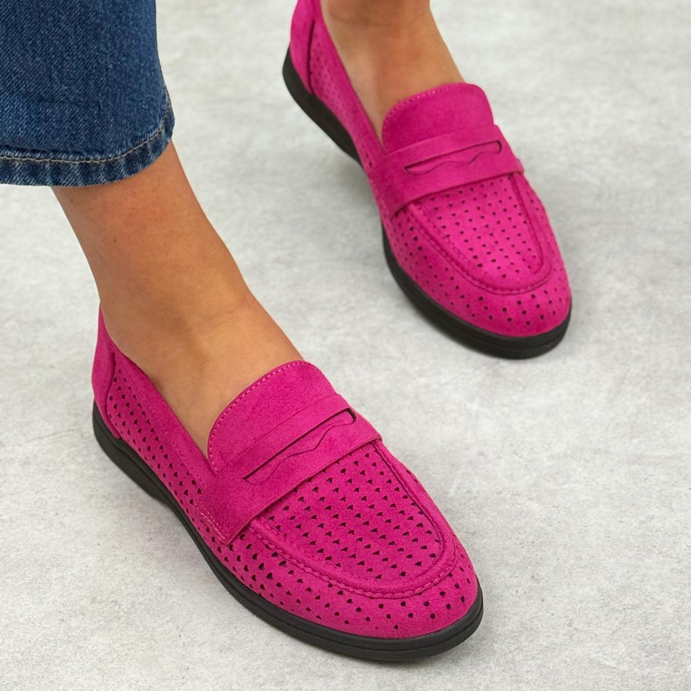 Fuksja ażurowe zamszowe mokasyny damskie Vinceza 17281