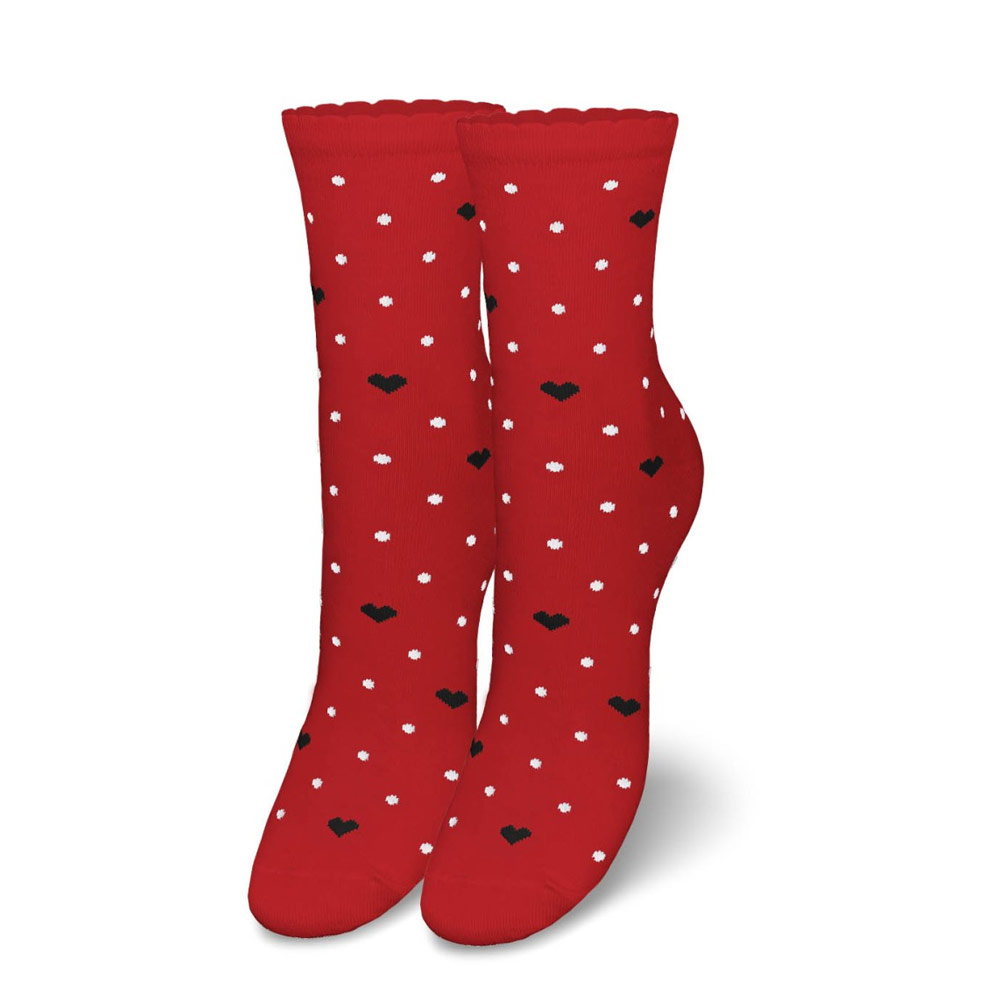 Czerwone skarpetki damskie serca i kropki 1124