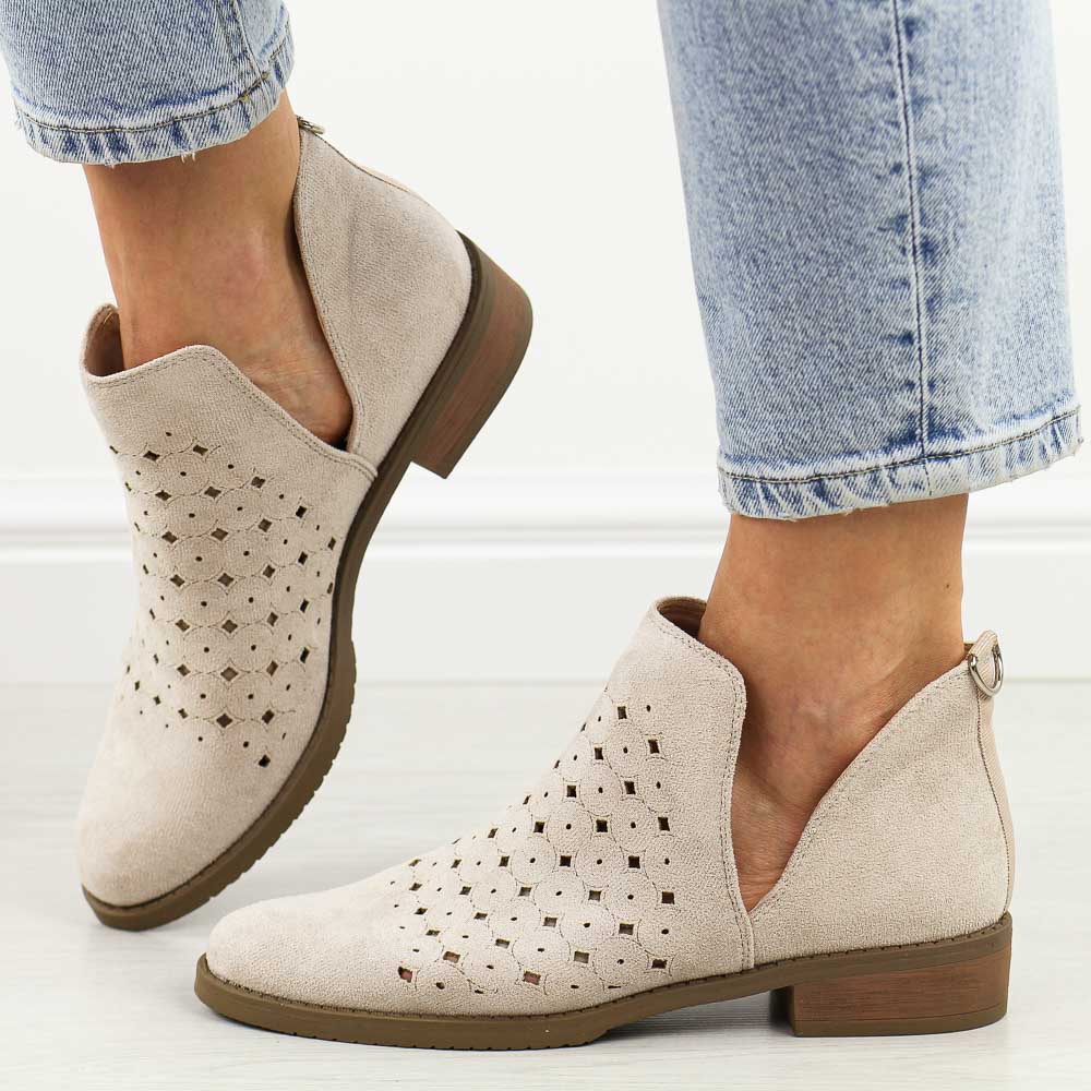 Beżowe jesienne ażurowe botki damskie M.Daszyński Sa62-102