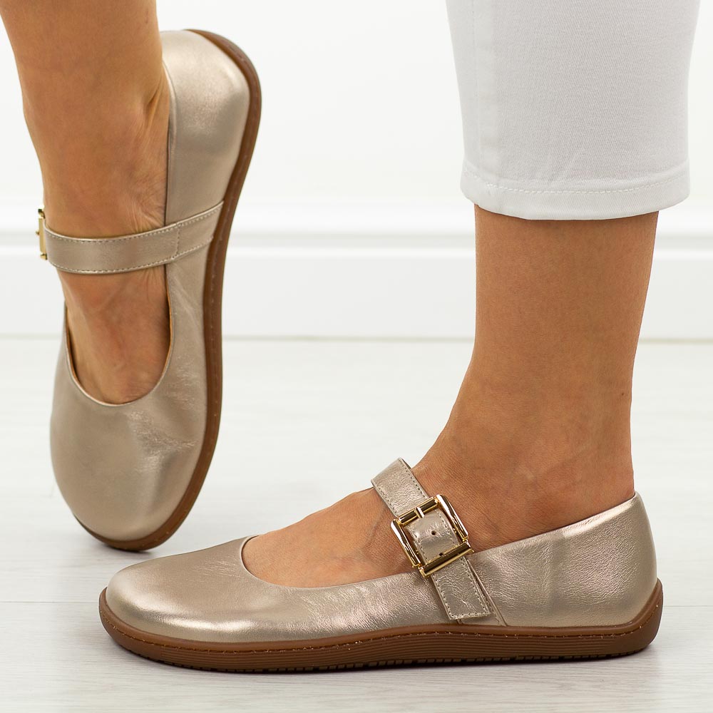 Złote skórzane Polskie półbuty damskie barefoot Aga 2154