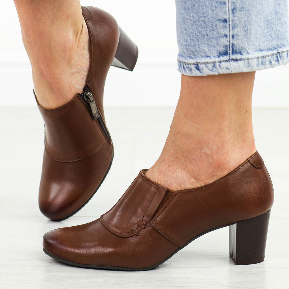 Brązowe skórzane Polskie półbuty damskie na słupku Gregors 604