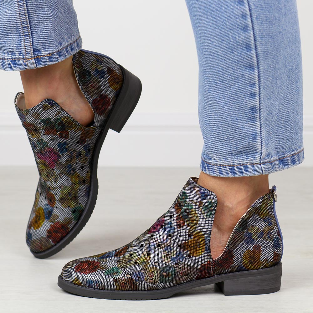 Niebieskie kwiaty jesienne ażurowe botki damskie M.Daszyński Sa62-102