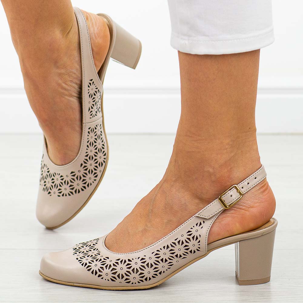 Beżowe skórzane Polskie czółenka damskie z odkryta piętą Deoni L85