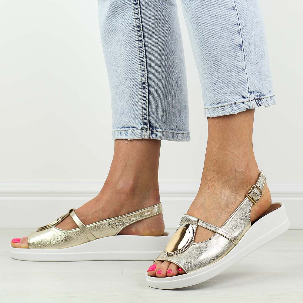 Złote skórzane Polskie sandały damskie na platformie Deoni L102