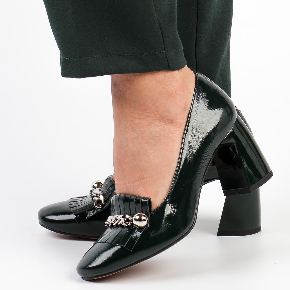 Zielone skórzane lakierowane Polskie czółenka damskie na słupku Simen 5106a