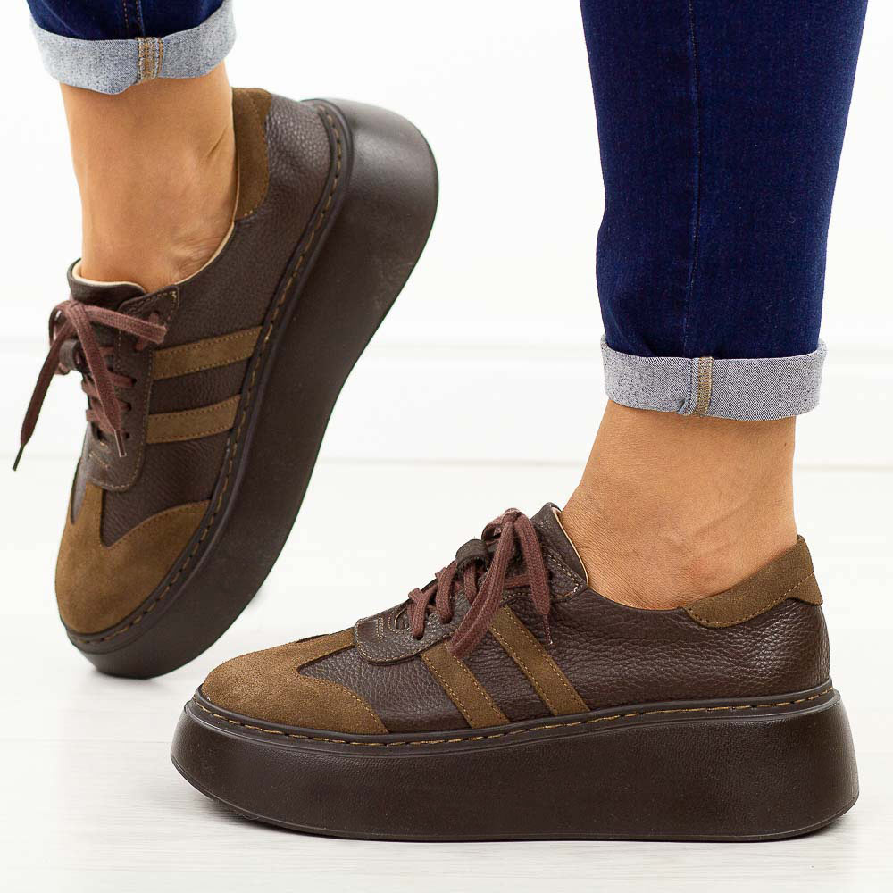 Czekoladowe skórzane sneakersy damskie Deoni D632