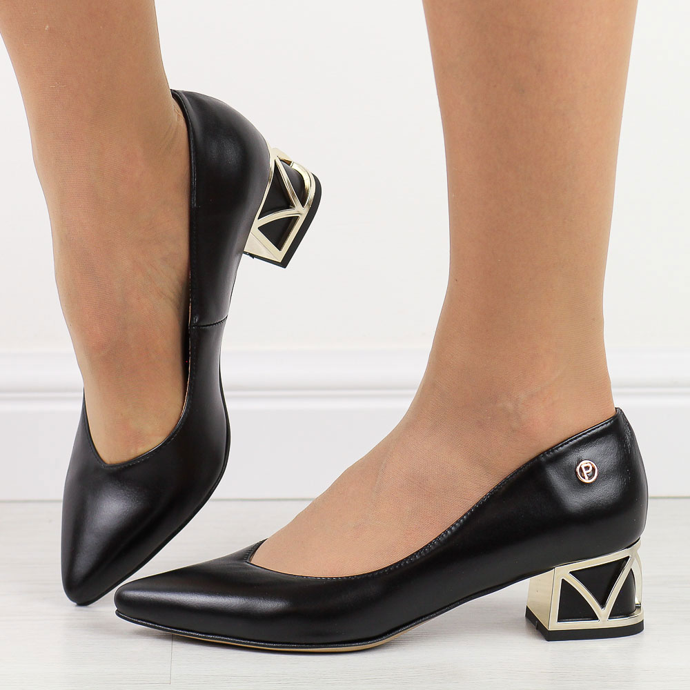 Czarne lico skórzane Polskie czółenka damskie na obcasie Prestige 2230