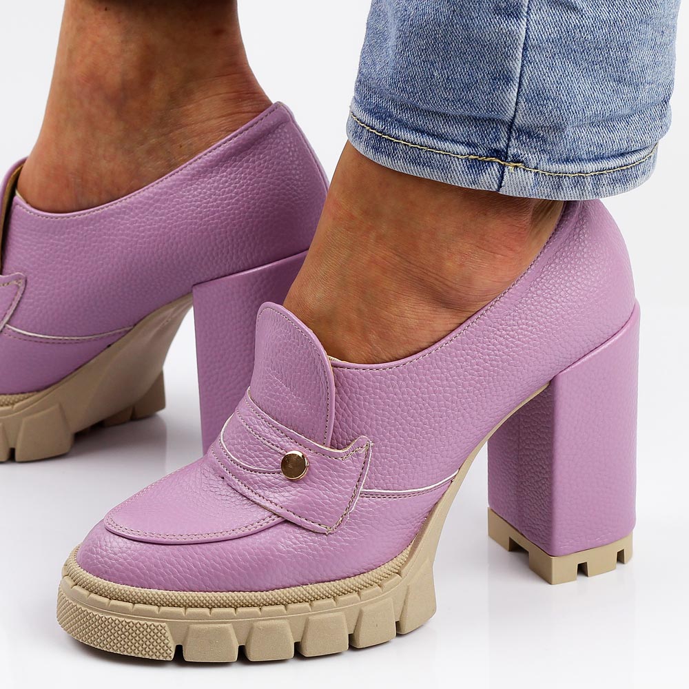 Fioletowe groch Polskie mokasyny damskie na słupku, loafersy Deoni D207a1