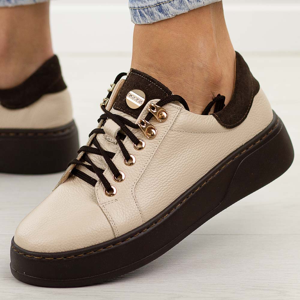 Beżowe skórzane sneakersy damskie Deoni D650A