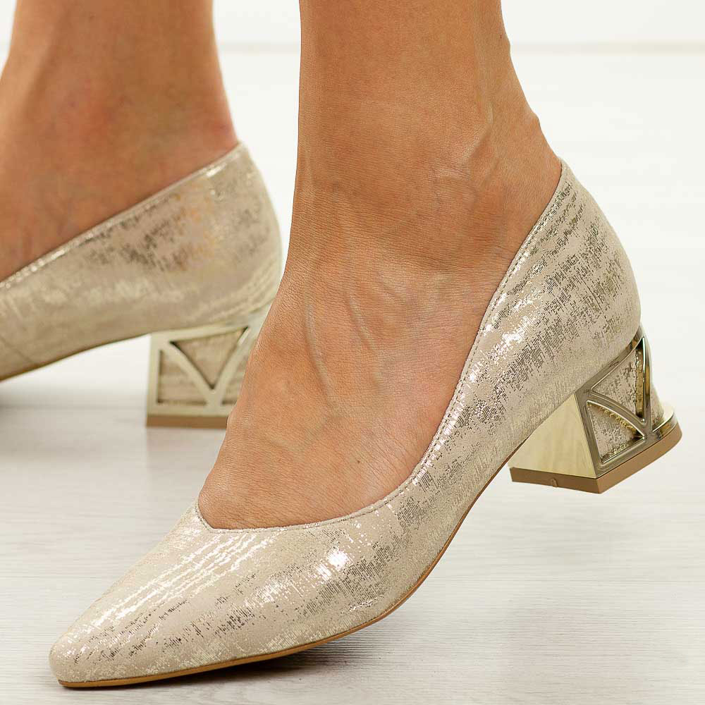 Złote s160 skórzane Polskie czółenka damskie na obcasie Prestige 2230