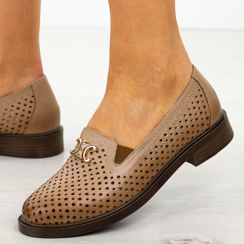 Beżowe ażurowe skórzane Polskie półbuty damskie Deoni d631