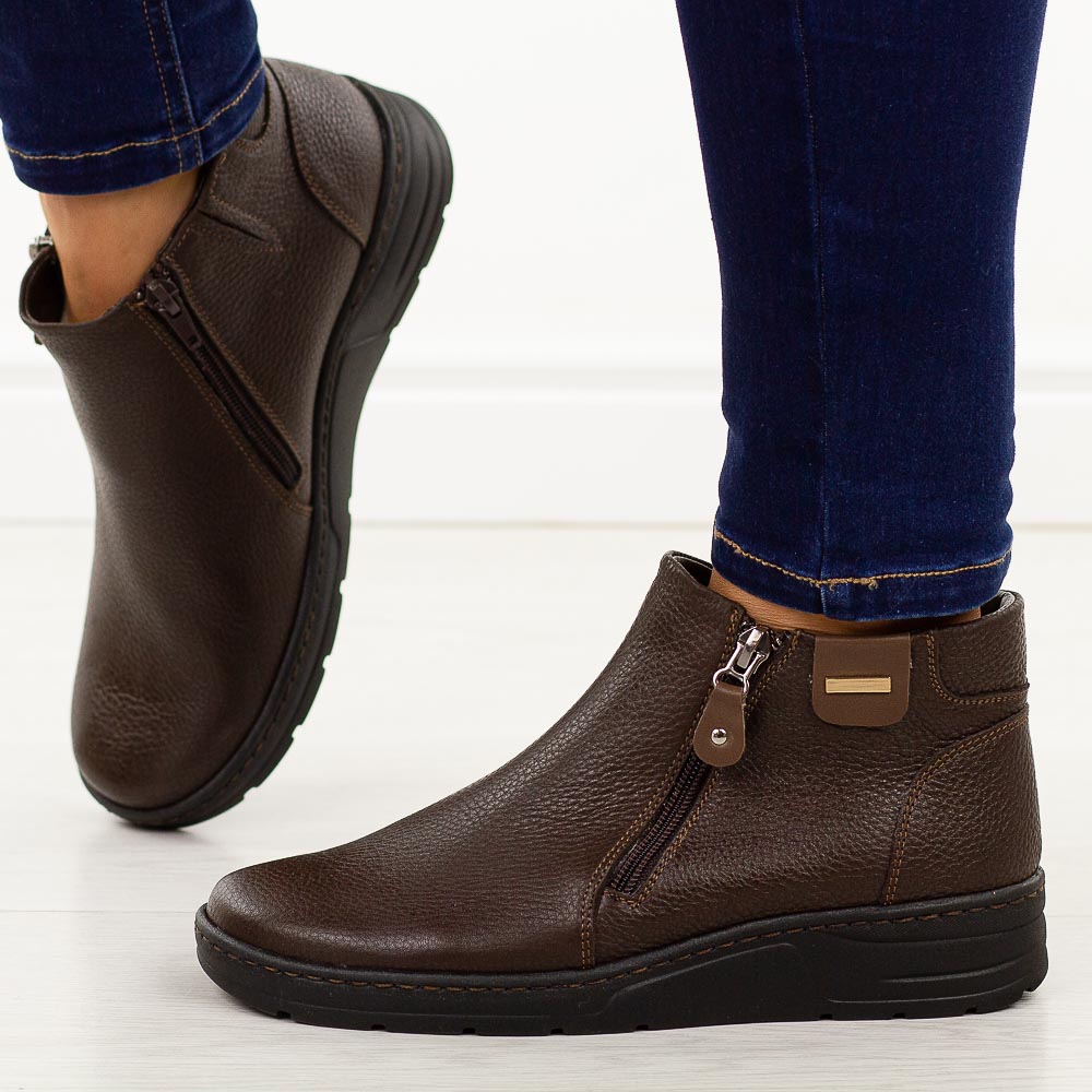 Brązowe skórzane Polskie botki damskie zimowe Deoni D468