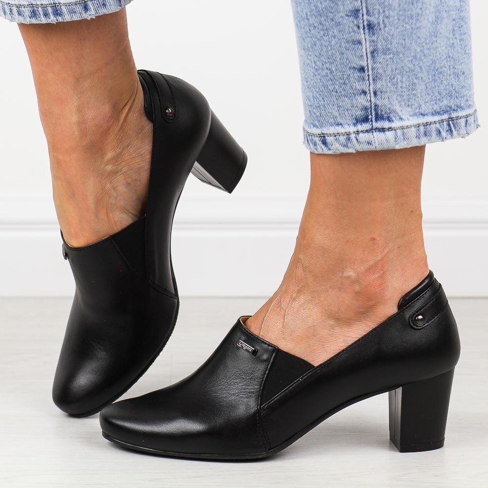 Czarne skórzane Polskie półbuty damskie na słupku Gregors 605