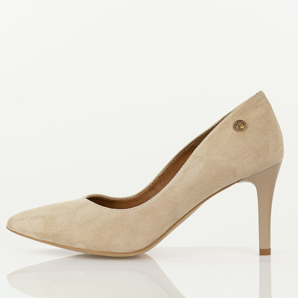 Beżowe Polskie szpilki damskie Prestige 2106a Skóra Zamsz