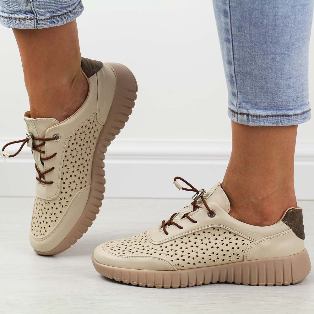 Beżowe Gr ażurowe półbuty damskie M.Daszyński 2270-2