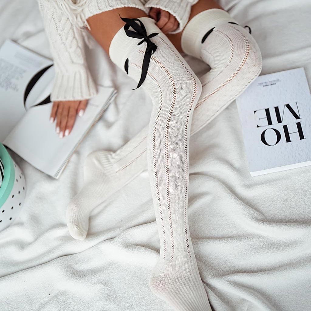 Zakolanówki damskie 215 wstążka ecru