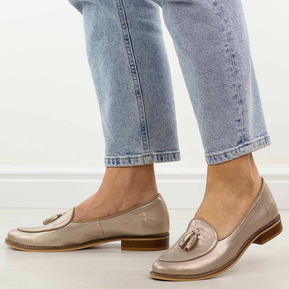 Złote skórzane Polskie mokasyny damskie Deoni D316B