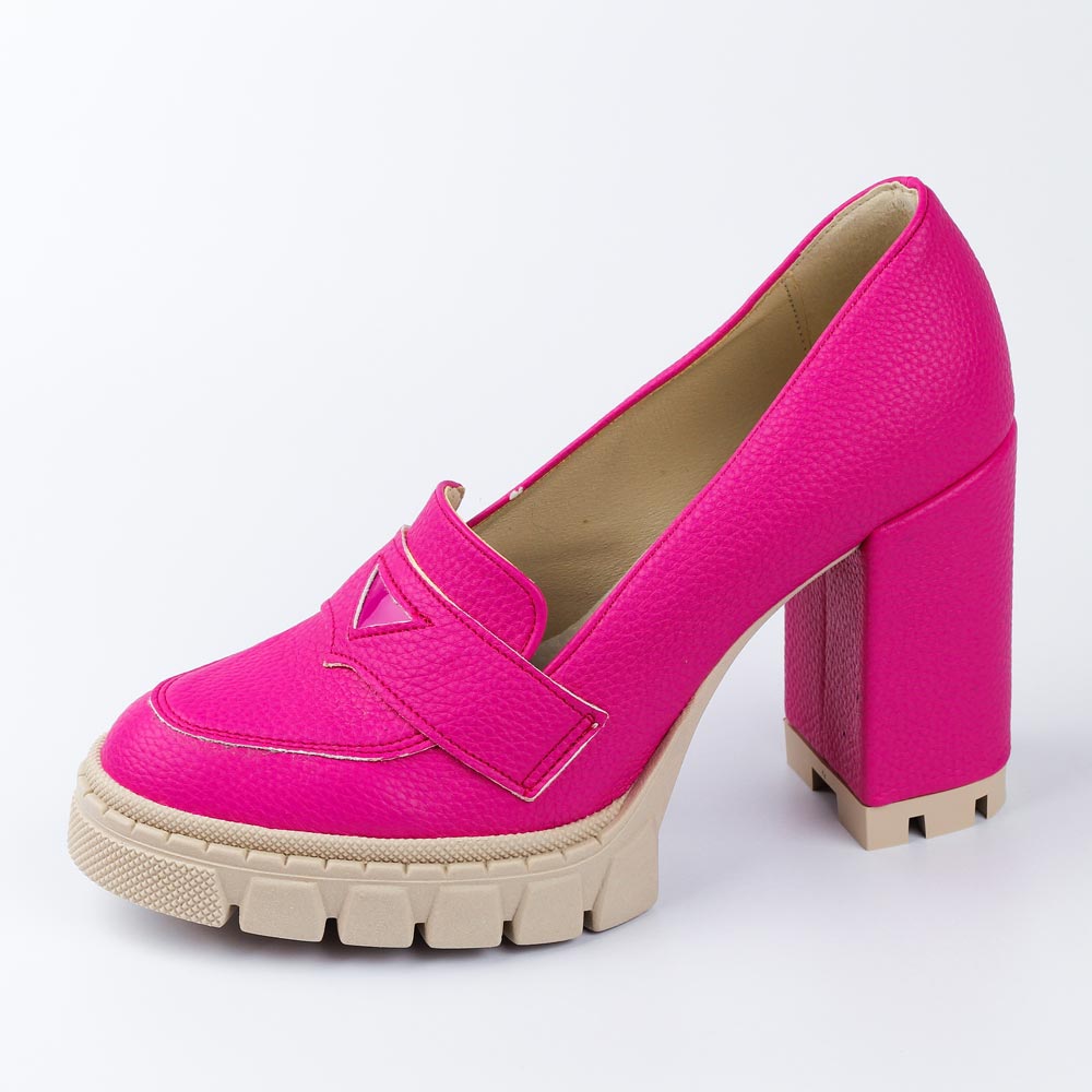 Fuksja groch Polskie mokasyny damskie na słupku, loafersy Deoni D213