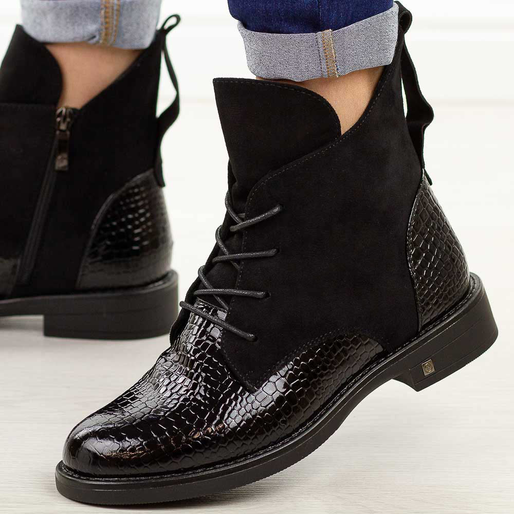 Czarne croco płaskie botki damskie Potocki 12080