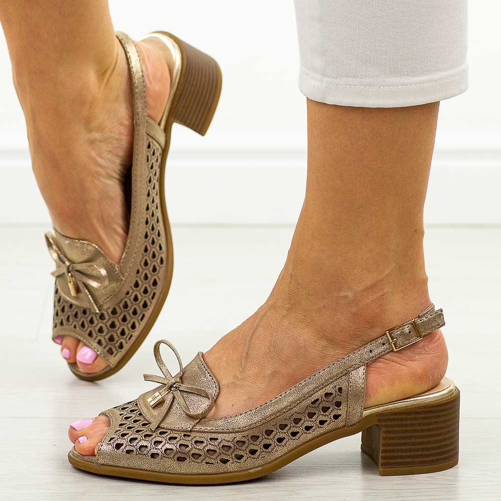 Złote sandały damskie na obcasie M.Daszyński Sa262-2