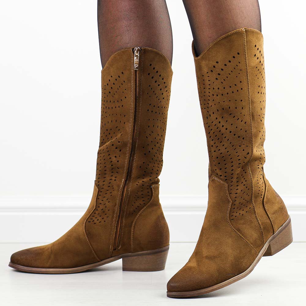 Camelowe zamszowe kowbojki, kozaki damskie Potocki 12271