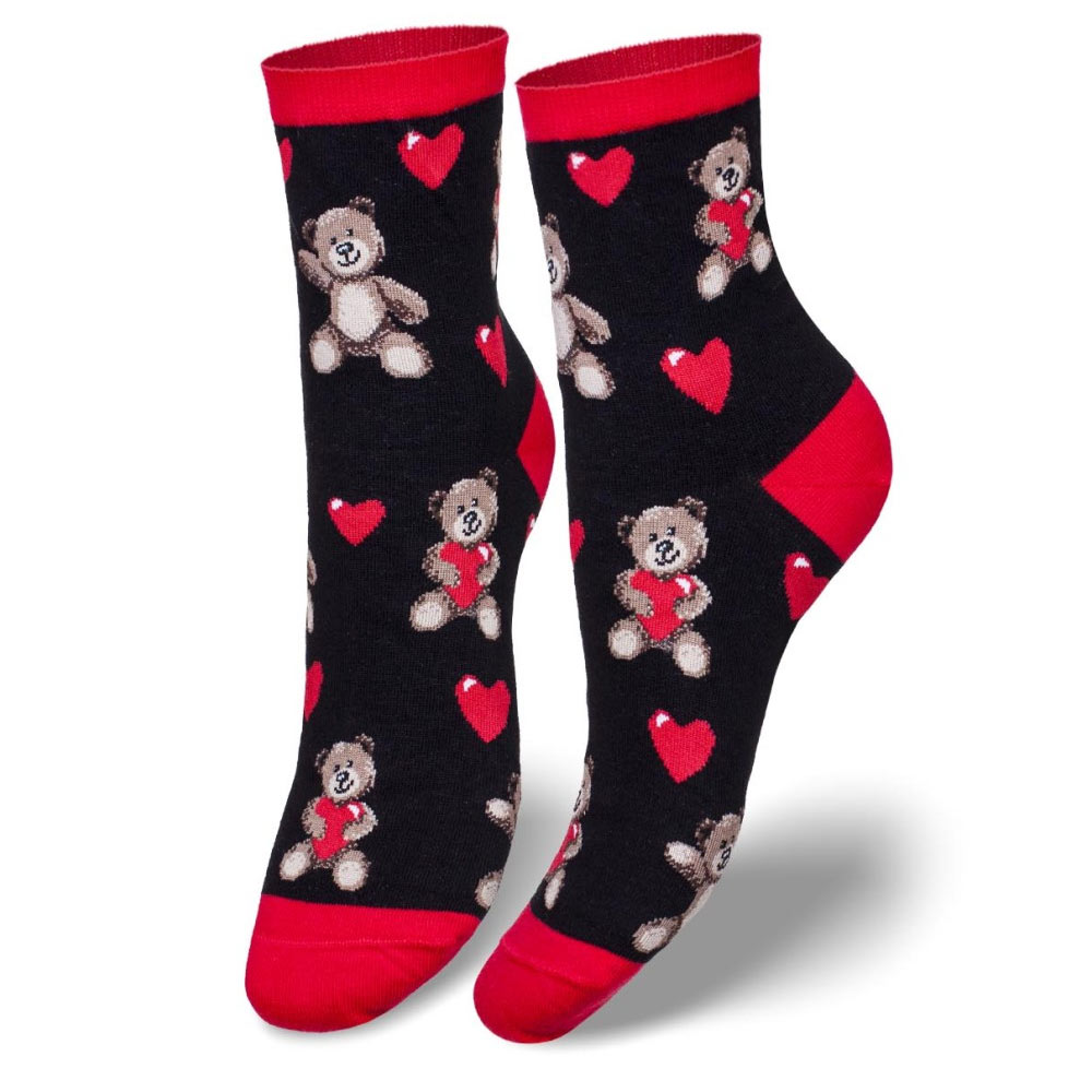 Czarne skarpetki damskie misie i serca Walentynki 1117