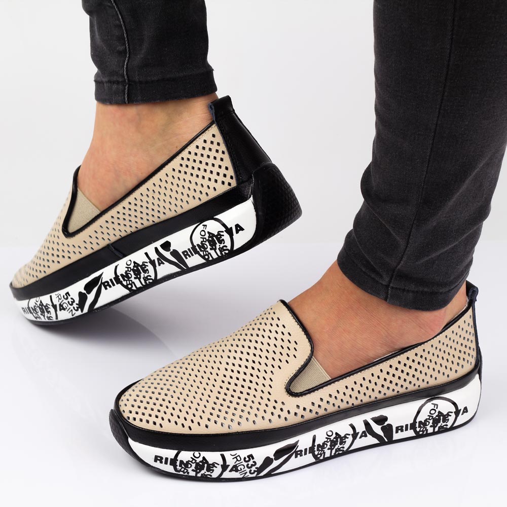 Beżowe ażurowe skórzane półbuty damskie S.Barski 29049