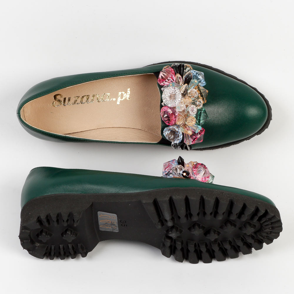 Zielone skórzane Polskie półbuty damskie z kryształami Suzana 1905-0g
