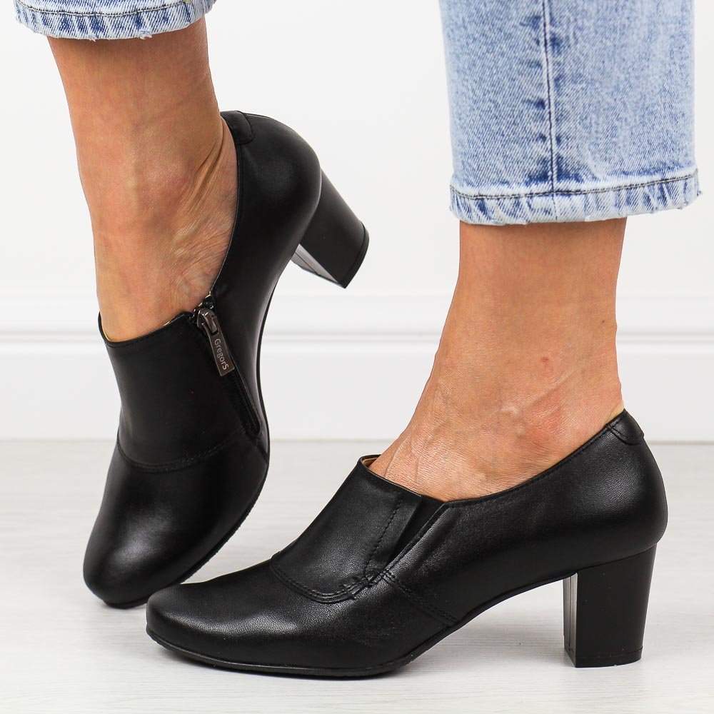 Czarne skórzane Polskie półbuty damskie na słupku Gregors 604