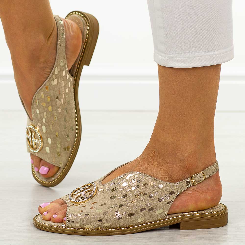 Złote skórzane płaskie sandały damskie S.Barski 094